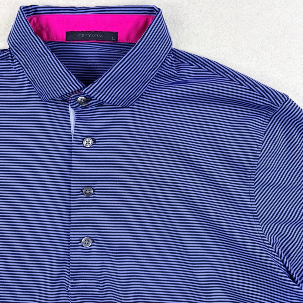 Greyson Mens Large Blue Striped Short Sleeve Golf Polo Shirt Pink Trim